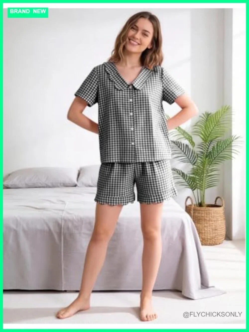 Gingham Pajama Set Cotton Scalloped Collar Pjs Shorts Lounge Set